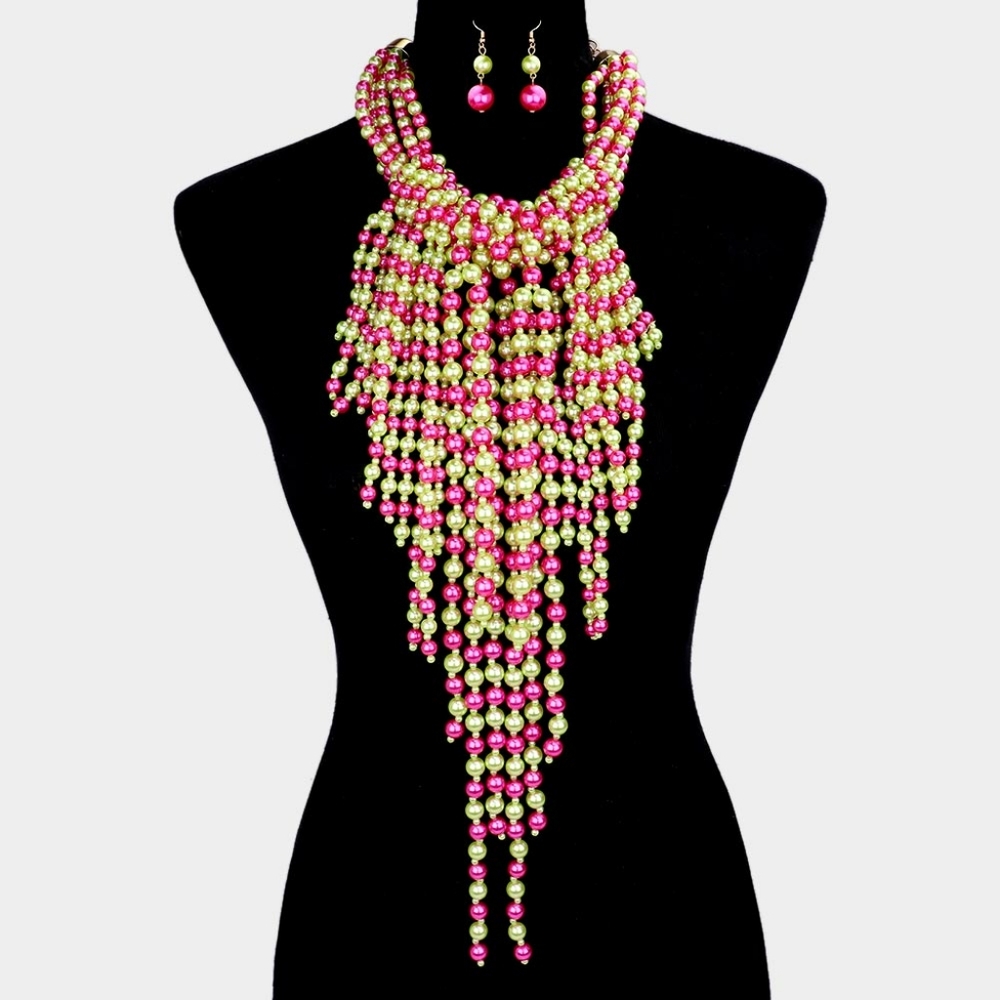 Pink Green Pearls Fringe Dangle Waterfall Strand Necklace Earrings Statement Set